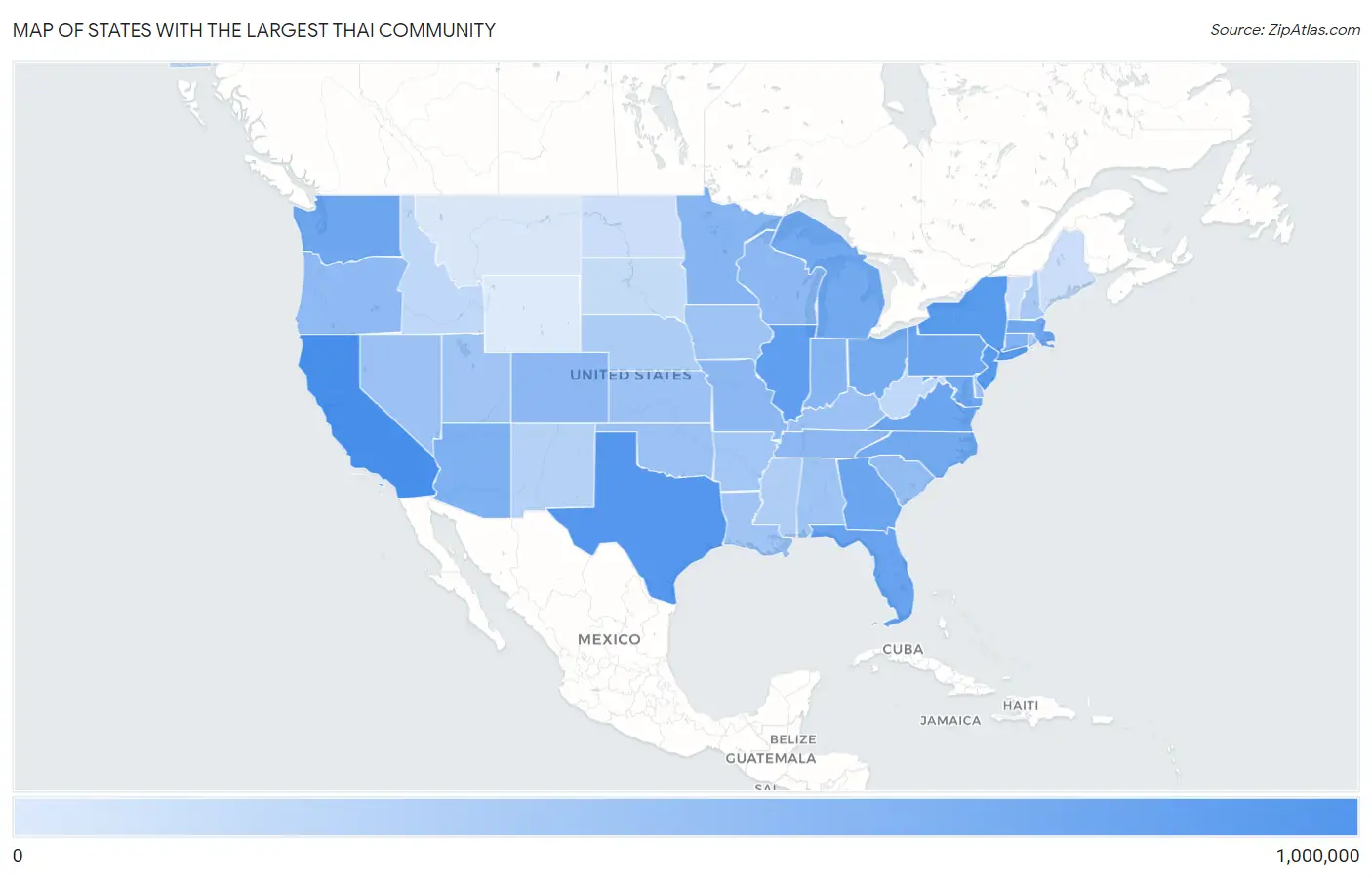 States with the Largest Thai Community in the United States Map