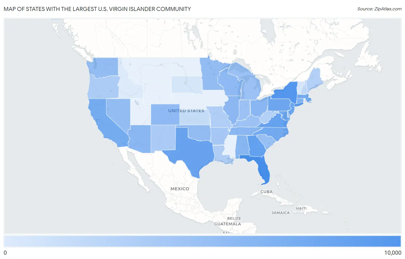 States with the Largest U.S. Virgin Islander Community in the United States Map