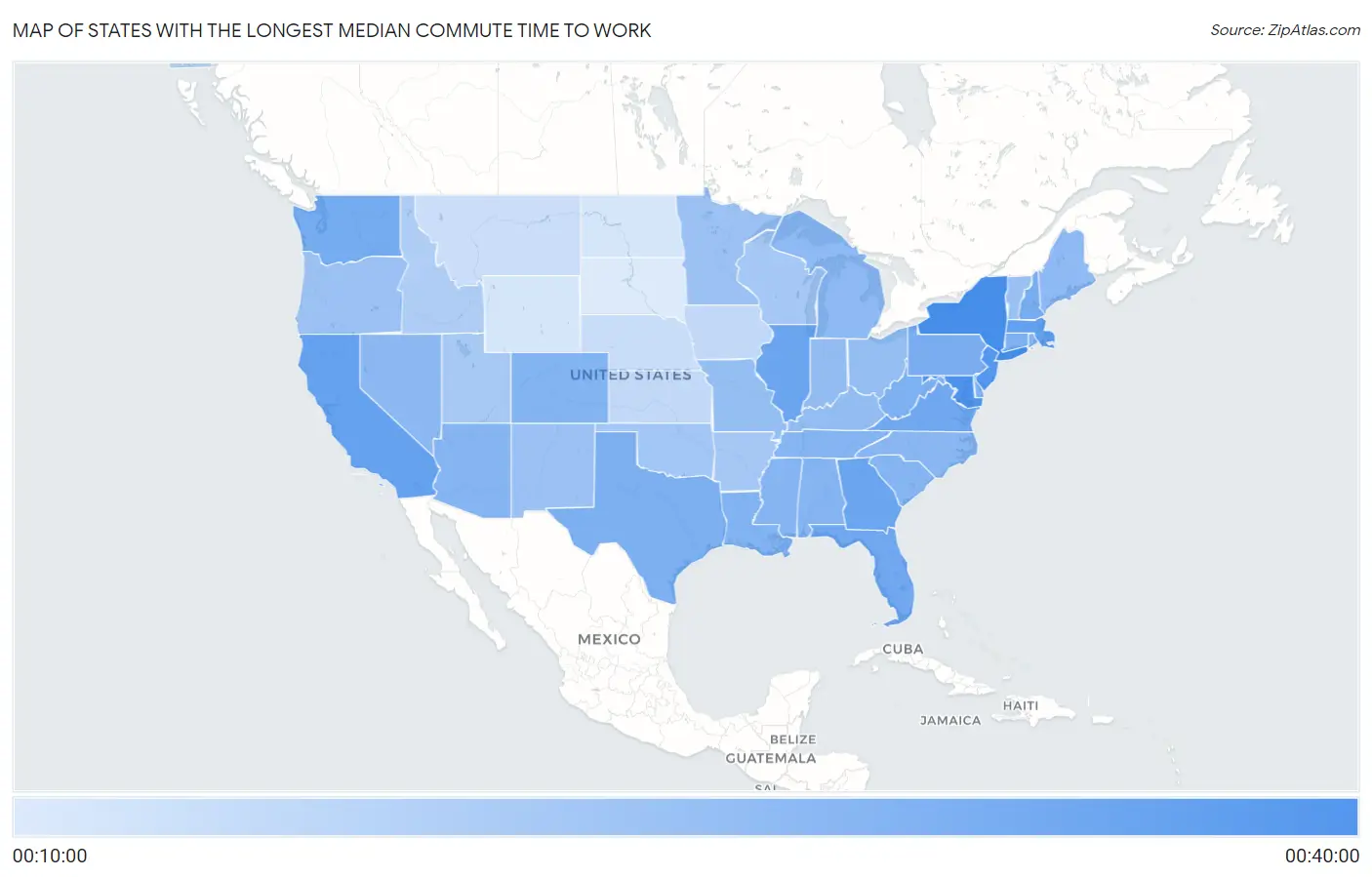 States with the Longest Median Commute Time to Work in the United States Map