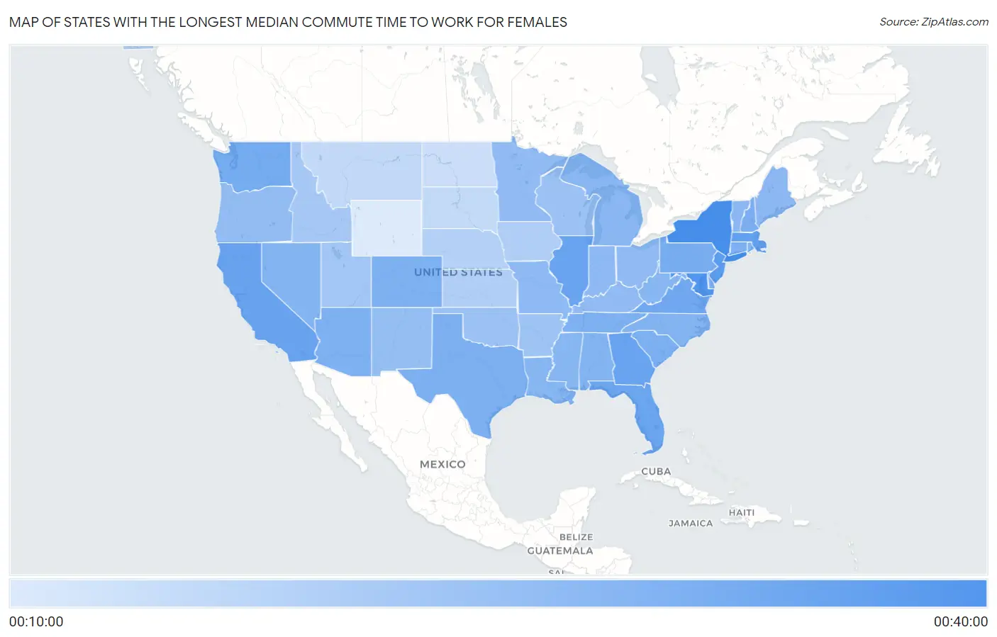 States with the Longest Median Commute Time to Work for Females in the United States Map