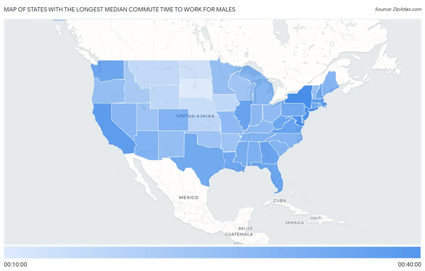 States with the Longest Median Commute Time to Work for Males in the United States Map