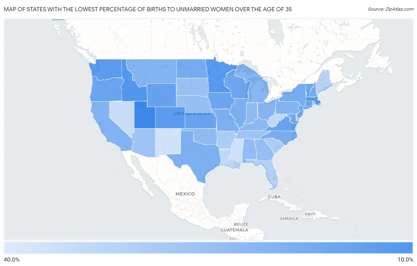 States with the Lowest Percentage of Births to Unmarried Women over the Age of 35 in the United States Map