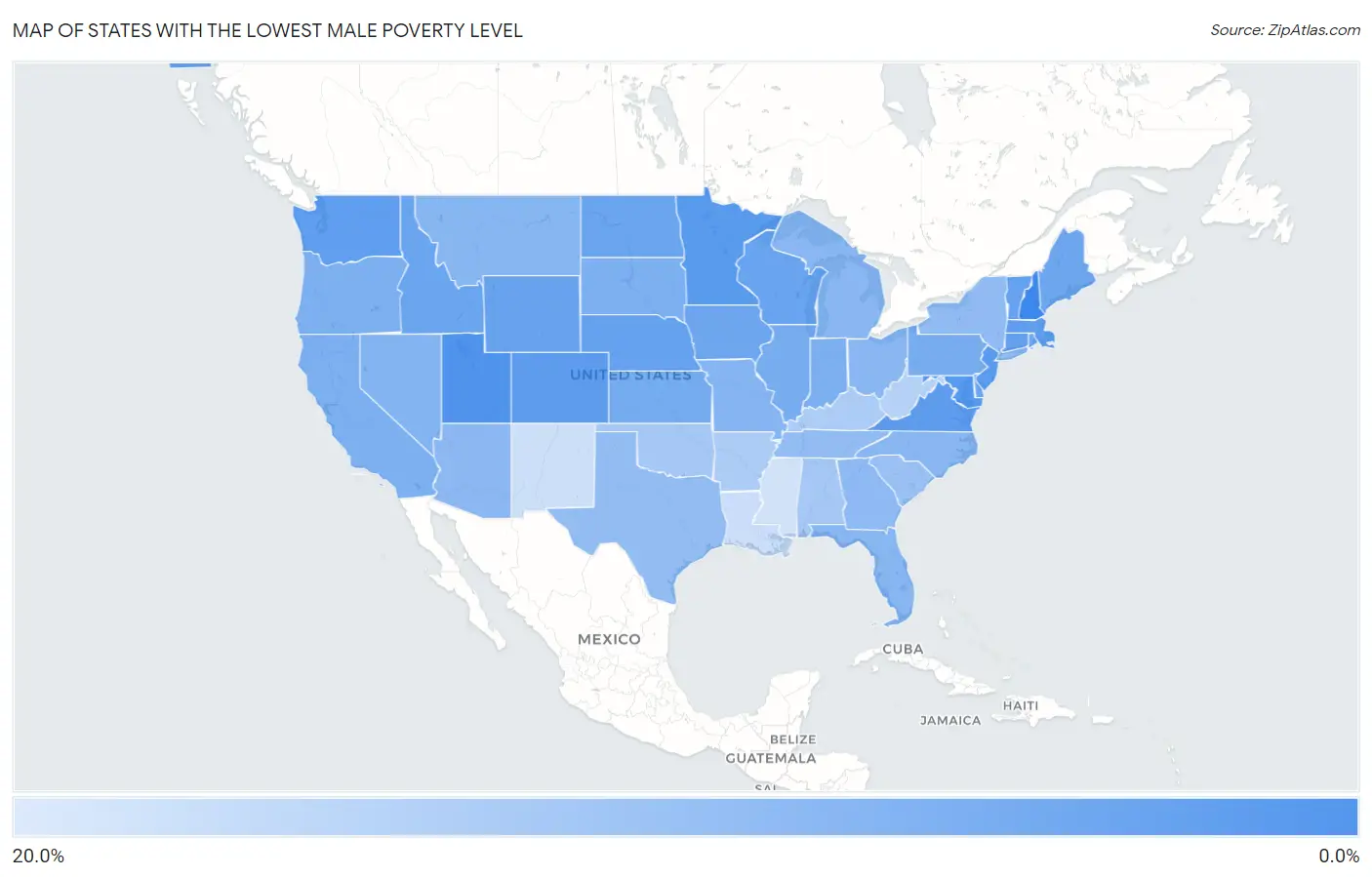 States with the Lowest Male Poverty Level in the United States Map