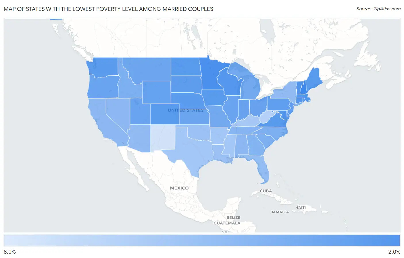 States with the Lowest Poverty Level Among Married Couples in the United States Map