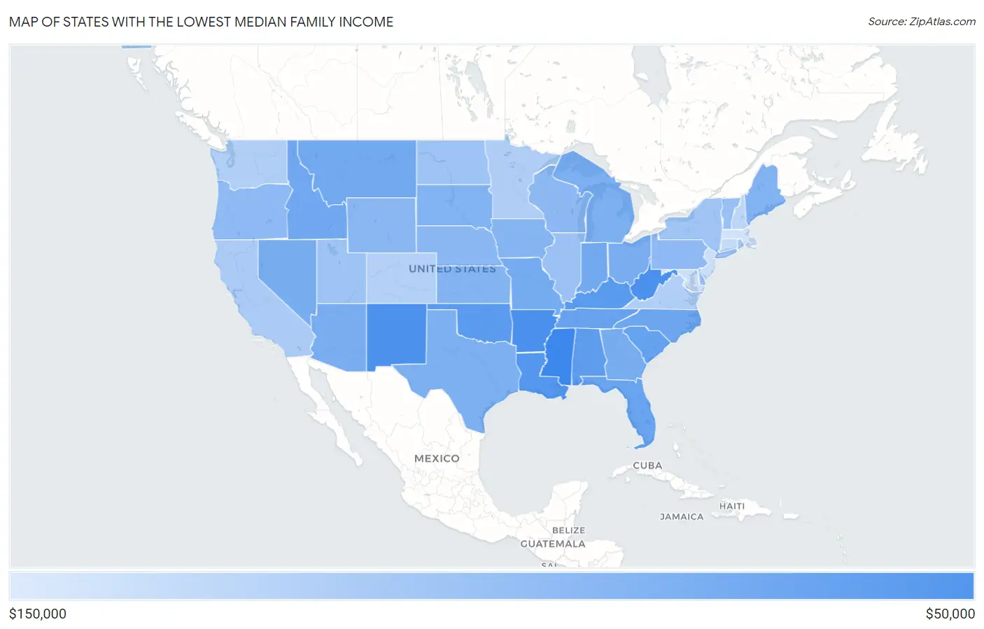 States with the Lowest Median Family Income in the United States Map