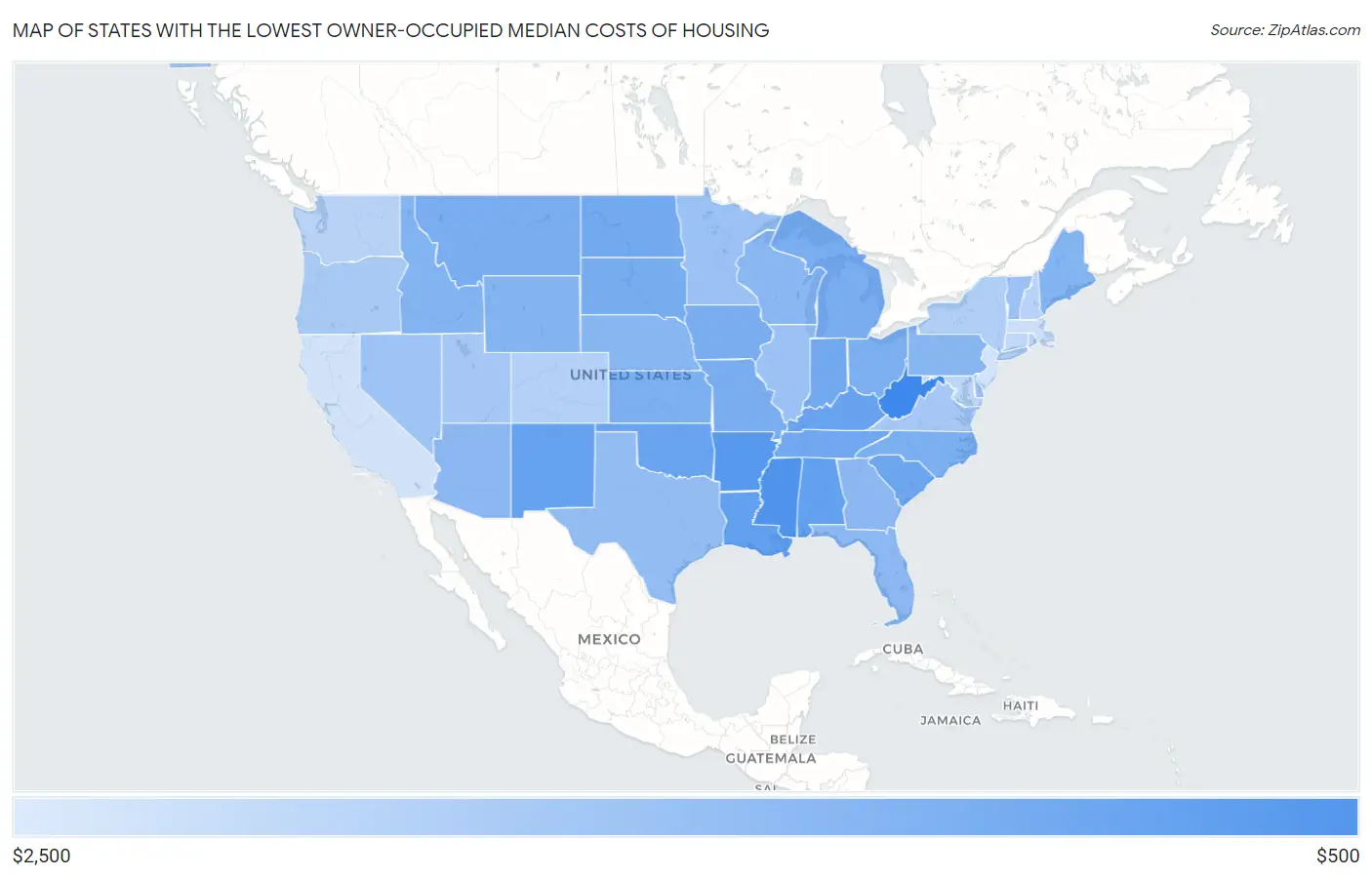 States with the Lowest Owner-Occupied Median Costs of Housing in the United States Map