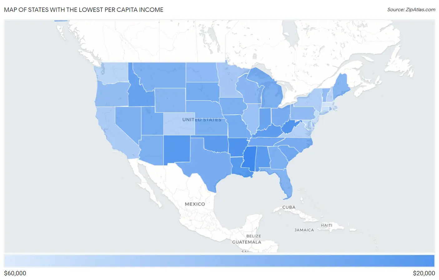 States with the Lowest Per Capita Income in the United States Map