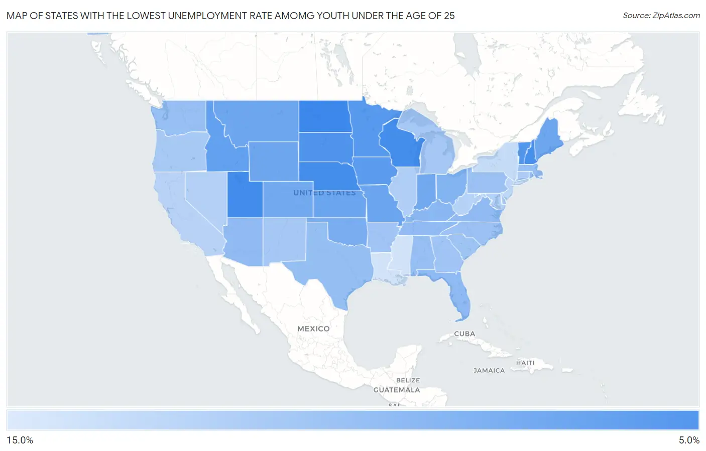 States with the Lowest Unemployment Rate Amomg Youth Under the Age of 25 in the United States Map