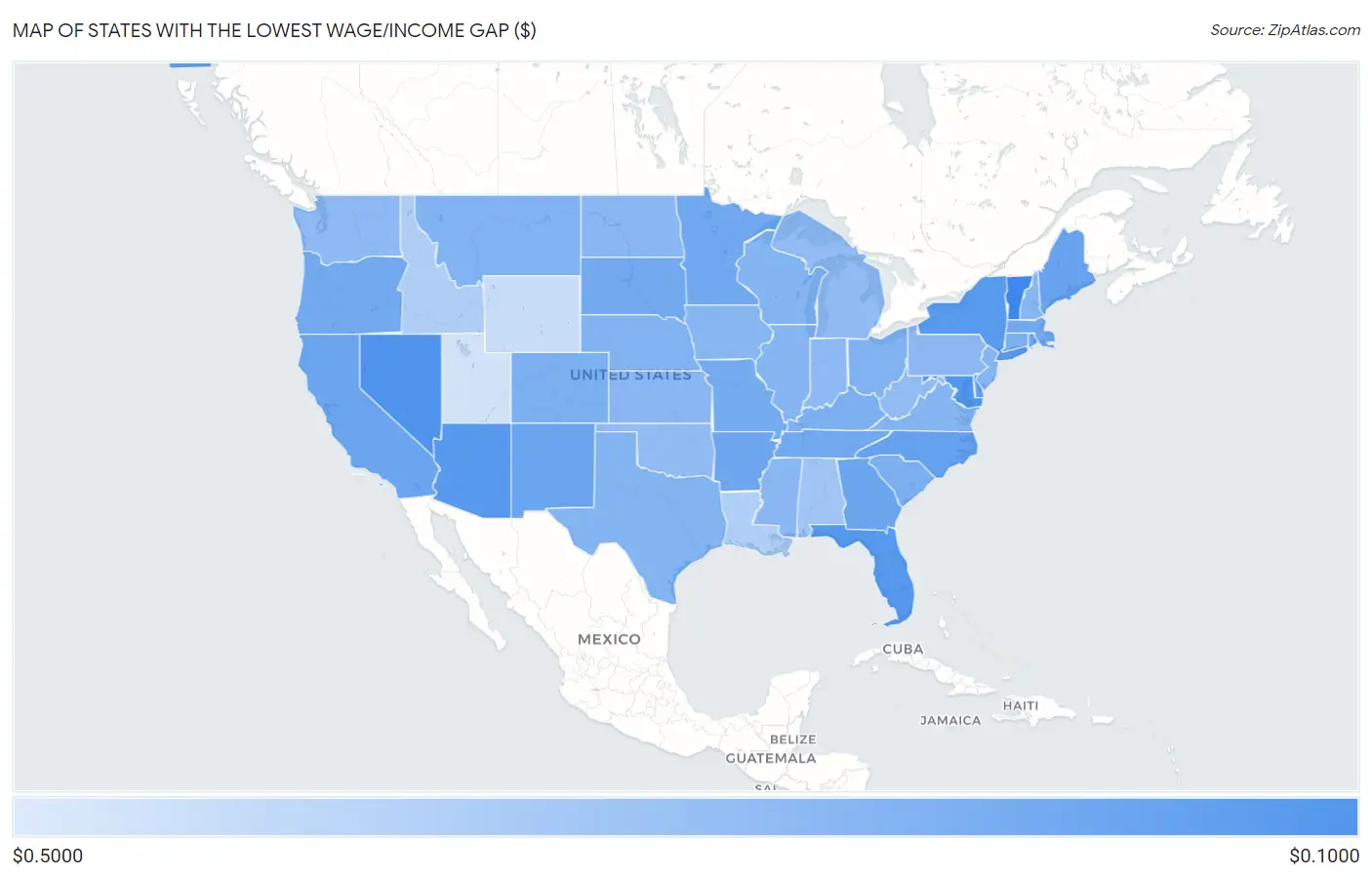 States with the Lowest Wage/Income Gap ($) in the United States Map