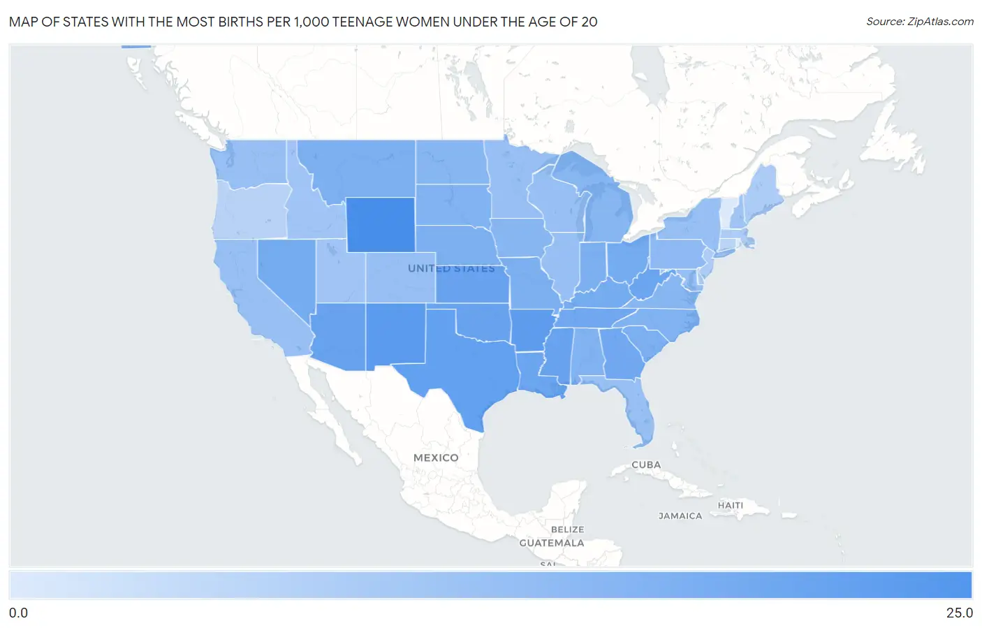 States with the Most Births per 1,000 Teenage Women Under the Age of 20 in the United States Map