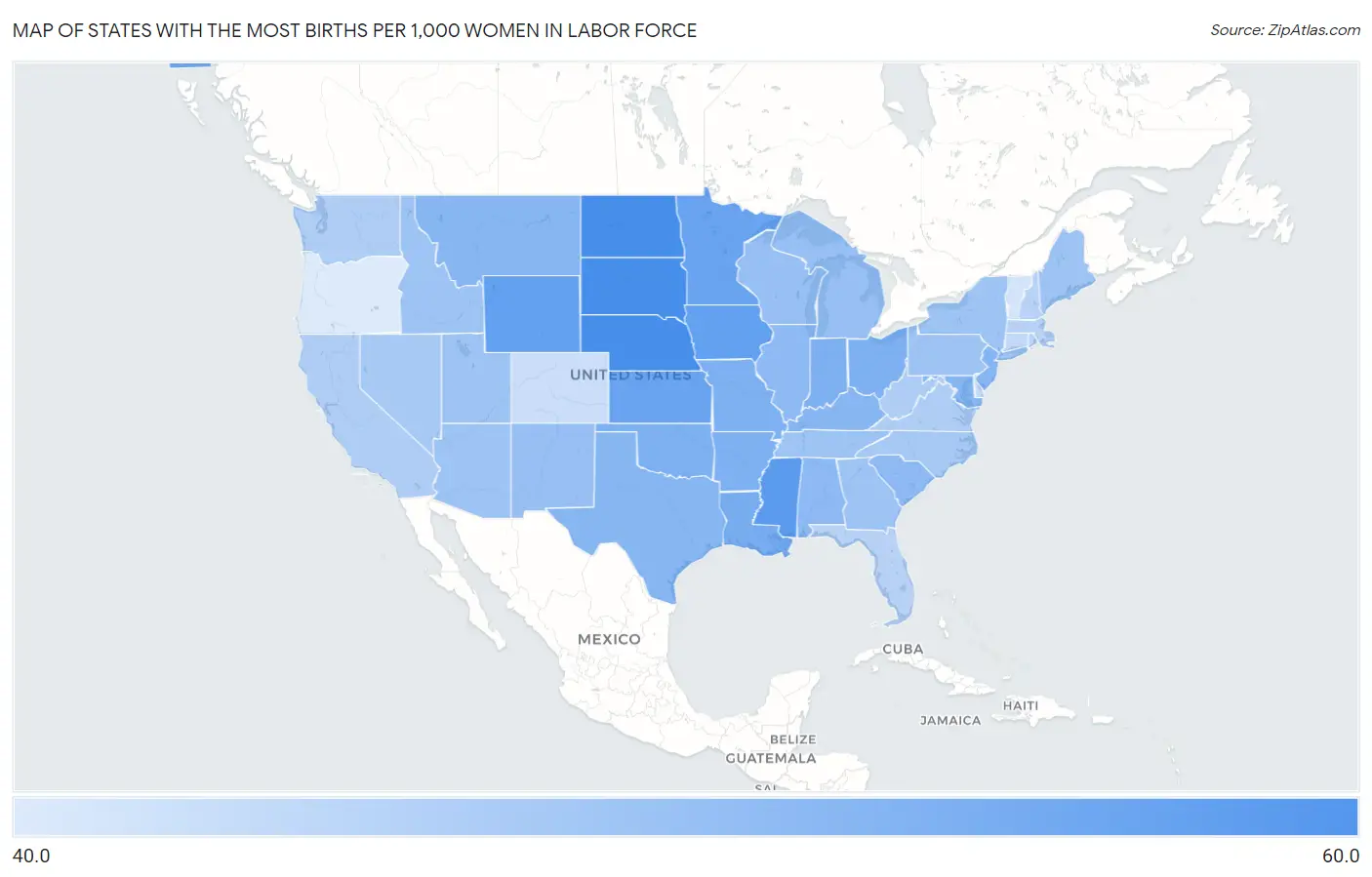 States with the Most Births per 1,000 Women in Labor Force in the United States Map