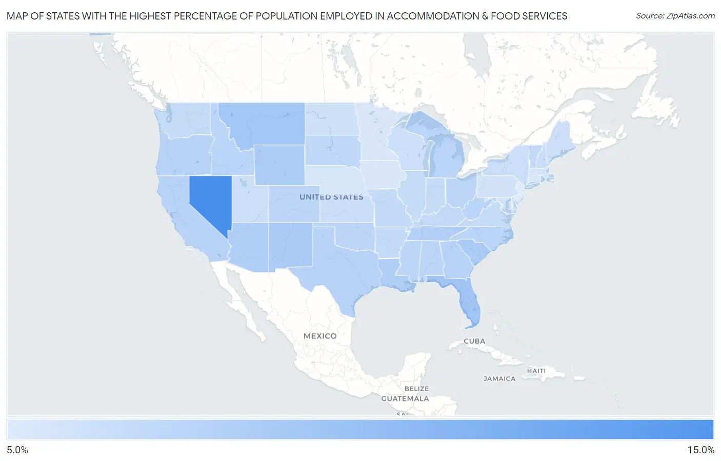 States with the Highest Percentage of Population Employed in Accommodation & Food Services in the United States Map