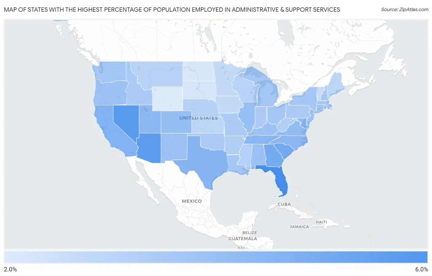 States with the Highest Percentage of Population Employed in Administrative & Support Services in the United States Map