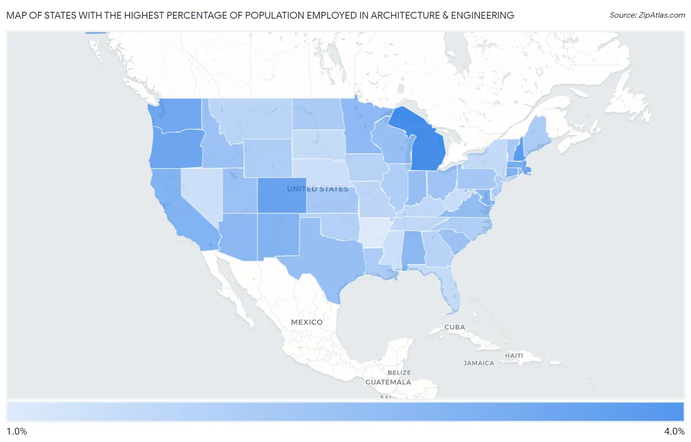States with the Highest Percentage of Population Employed in Architecture & Engineering in the United States Map