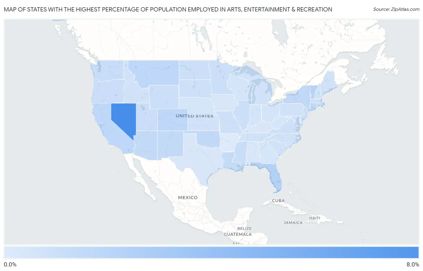 States with the Highest Percentage of Population Employed in Arts, Entertainment & Recreation in the United States Map