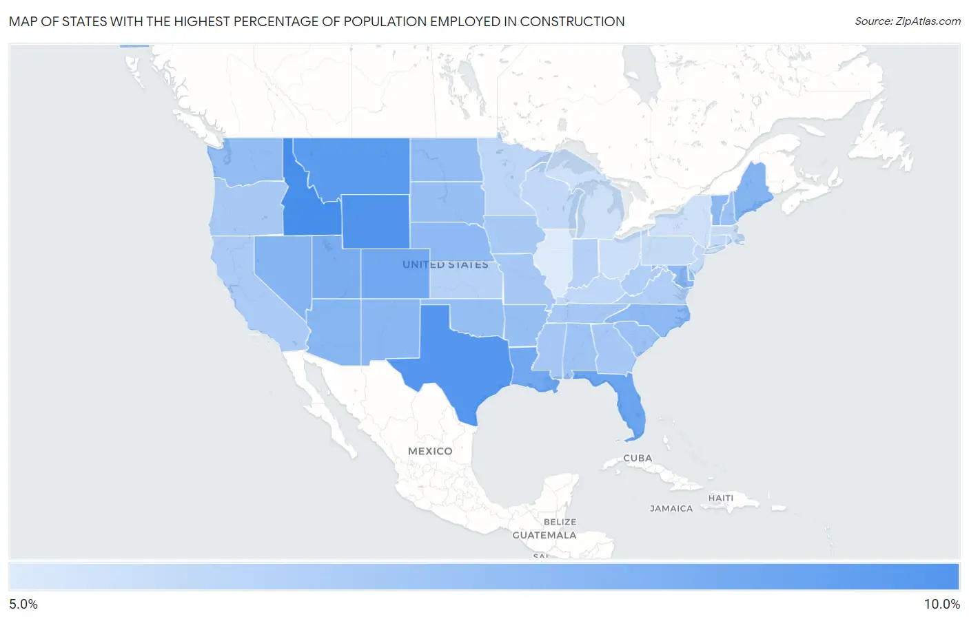 States with the Highest Percentage of Population Employed in Construction in the United States Map