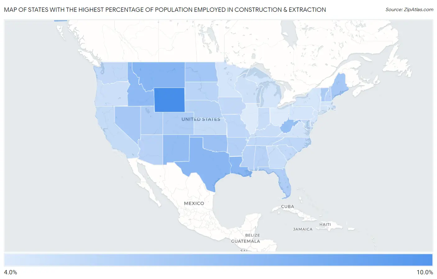 States with the Highest Percentage of Population Employed in Construction & Extraction in the United States Map