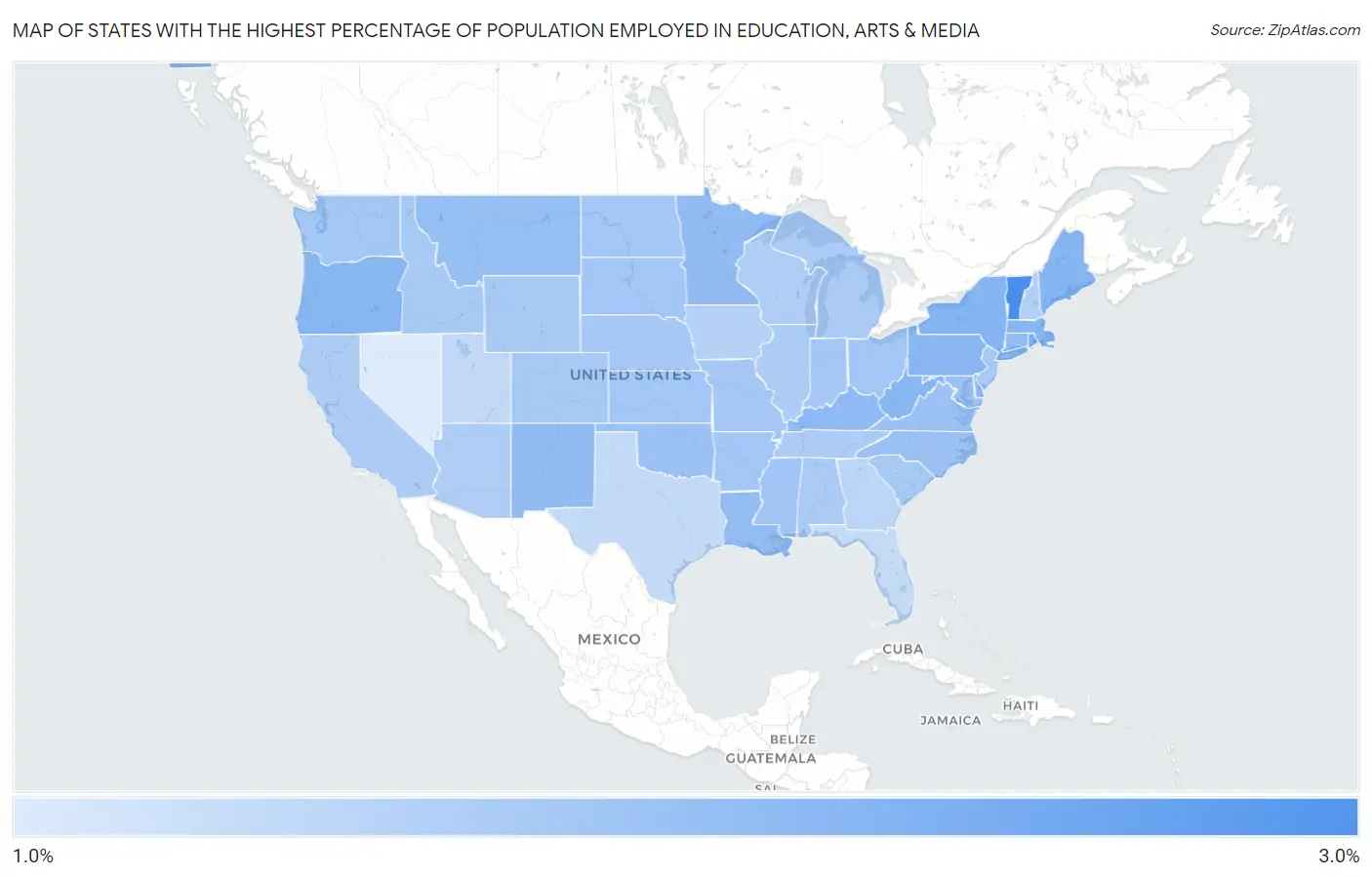 States with the Highest Percentage of Population Employed in Education, Arts & Media in the United States Map