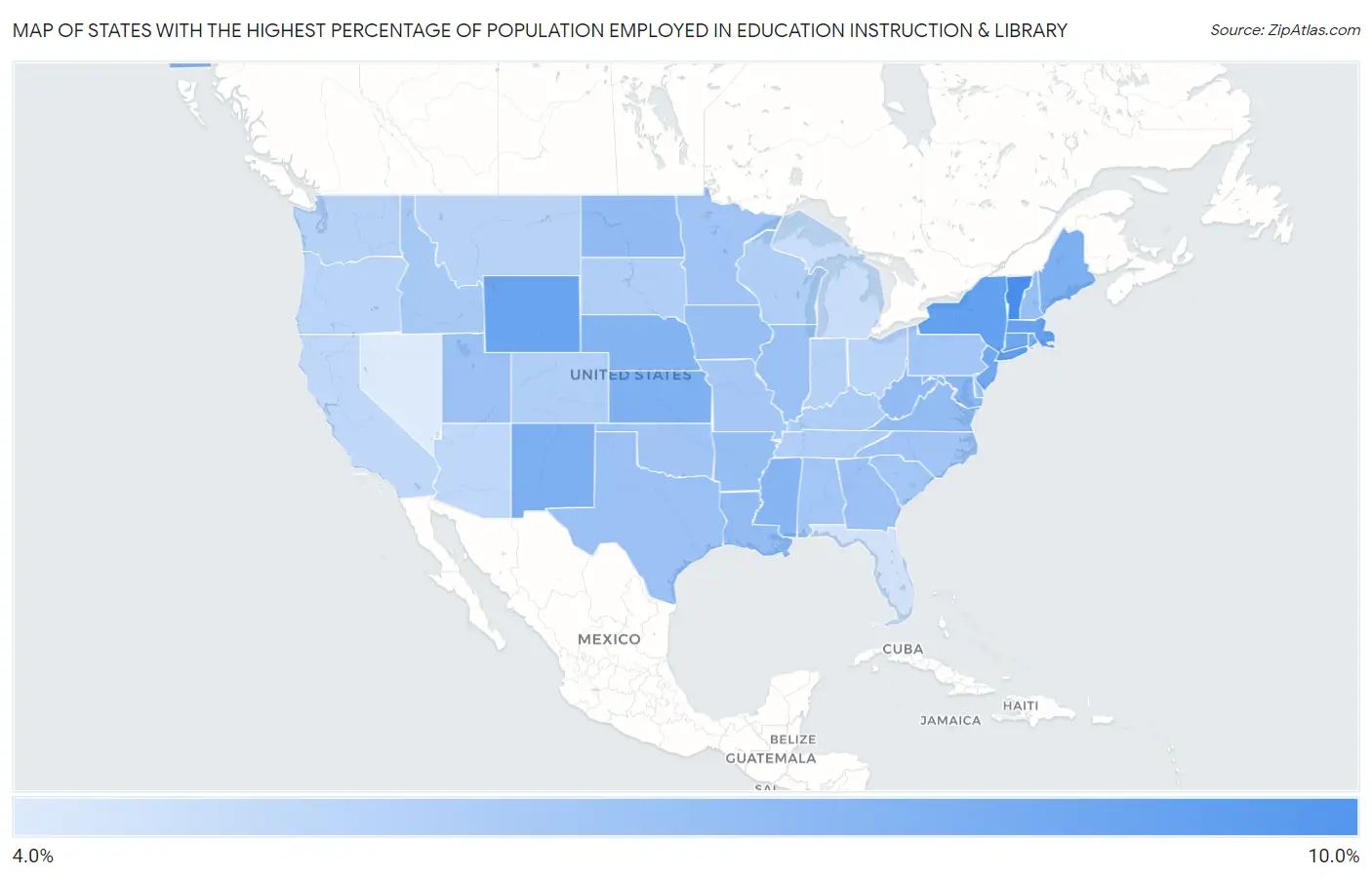 States with the Highest Percentage of Population Employed in Education Instruction & Library in the United States Map