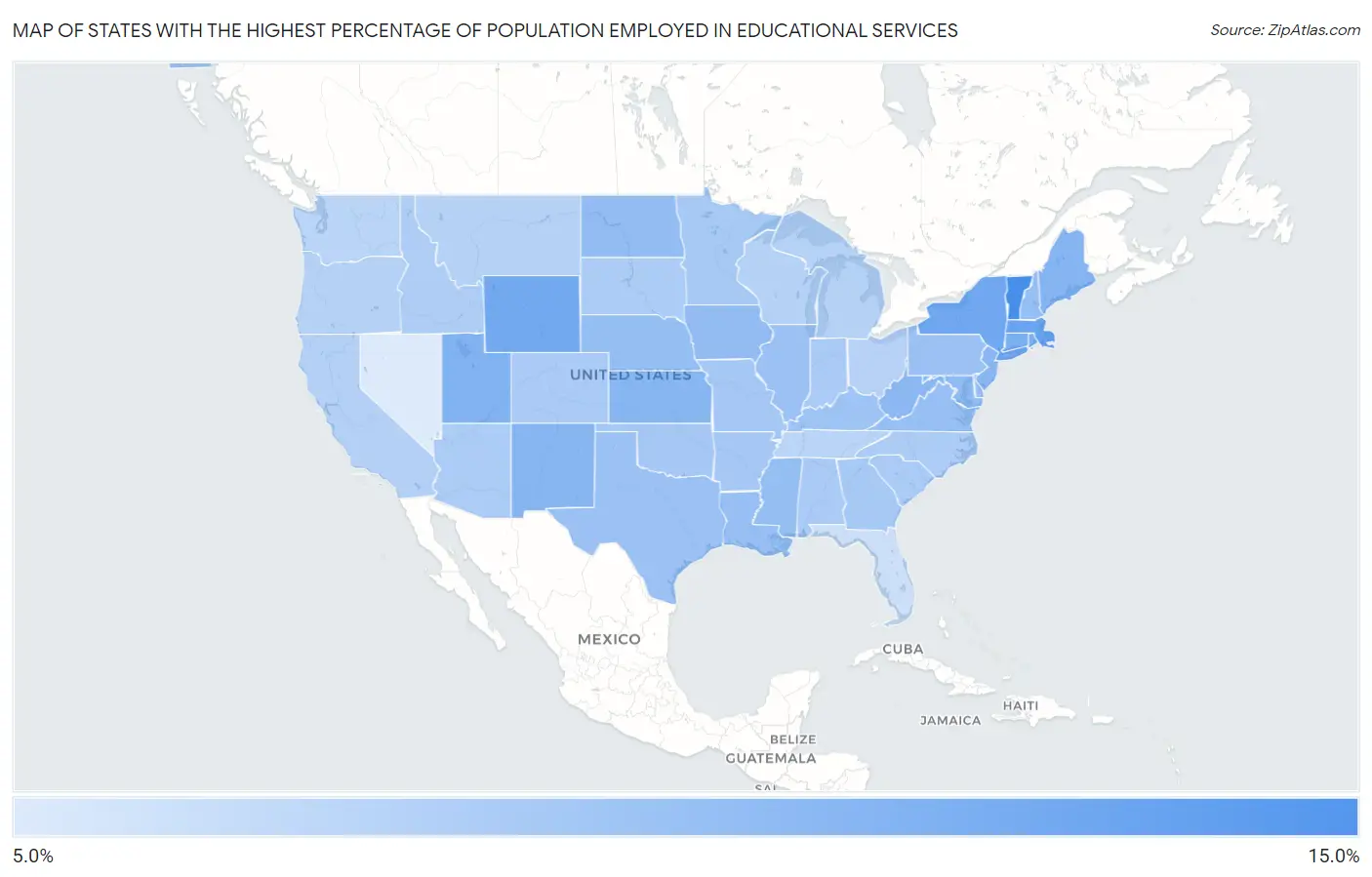 States with the Highest Percentage of Population Employed in Educational Services in the United States Map