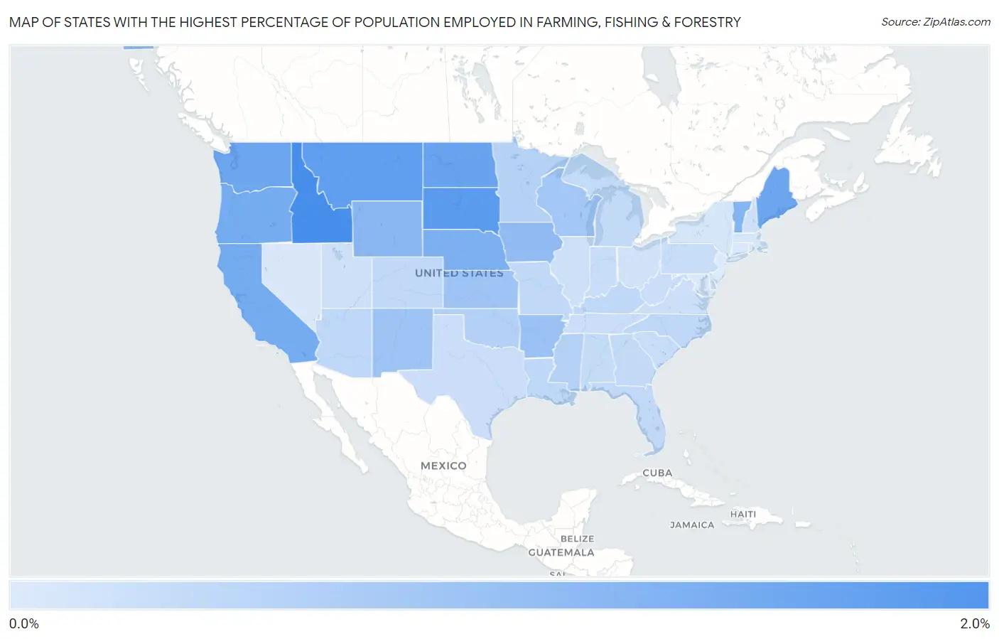 States with the Highest Percentage of Population Employed in Farming, Fishing & Forestry in the United States Map