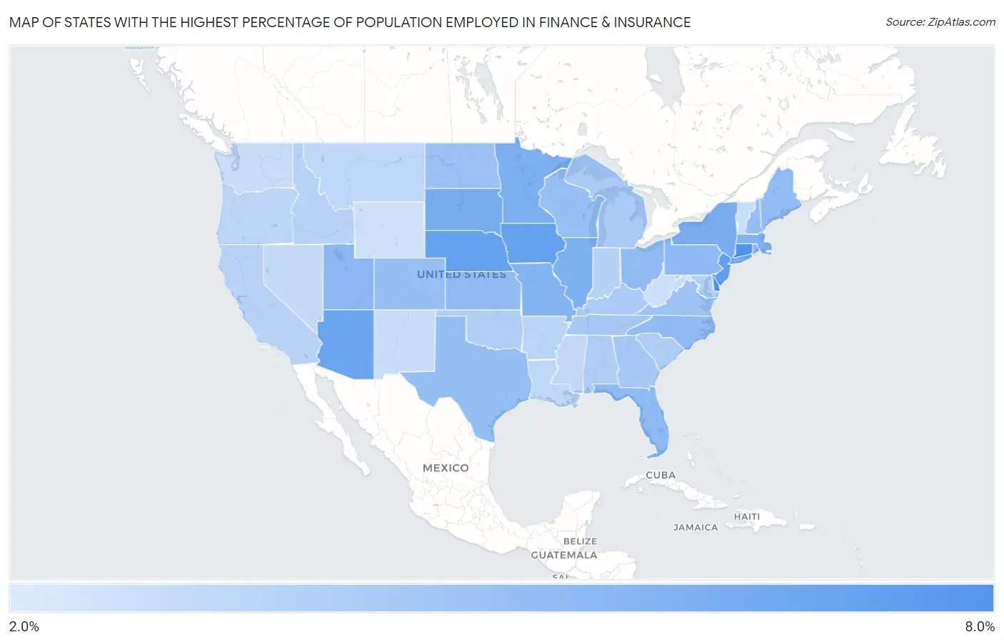 States with the Highest Percentage of Population Employed in Finance & Insurance in the United States Map