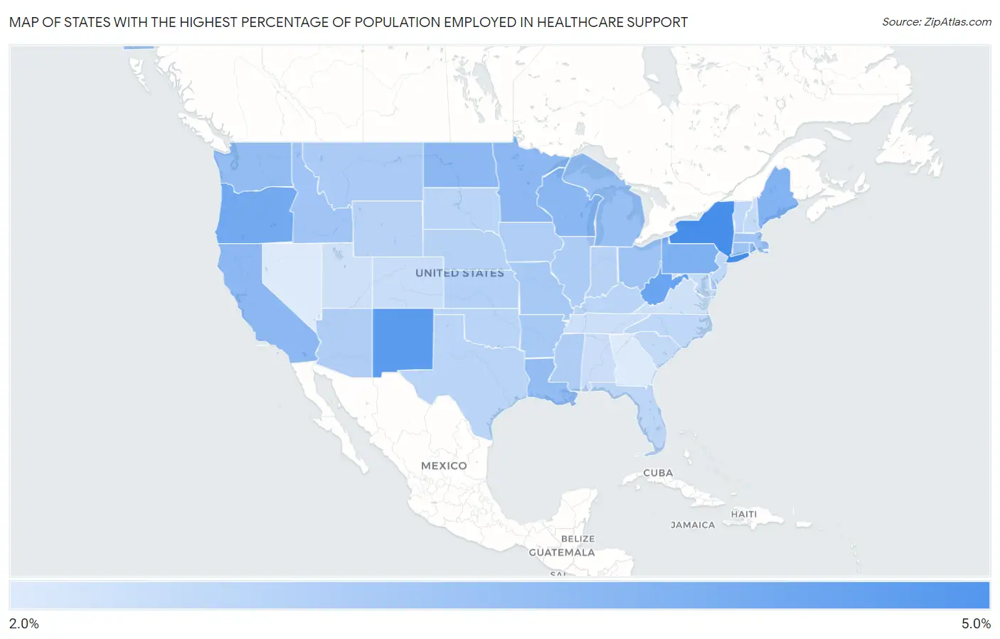 States with the Highest Percentage of Population Employed in Healthcare Support in the United States Map