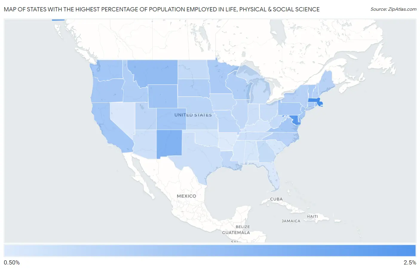 States with the Highest Percentage of Population Employed in Life, Physical & Social Science in the United States Map