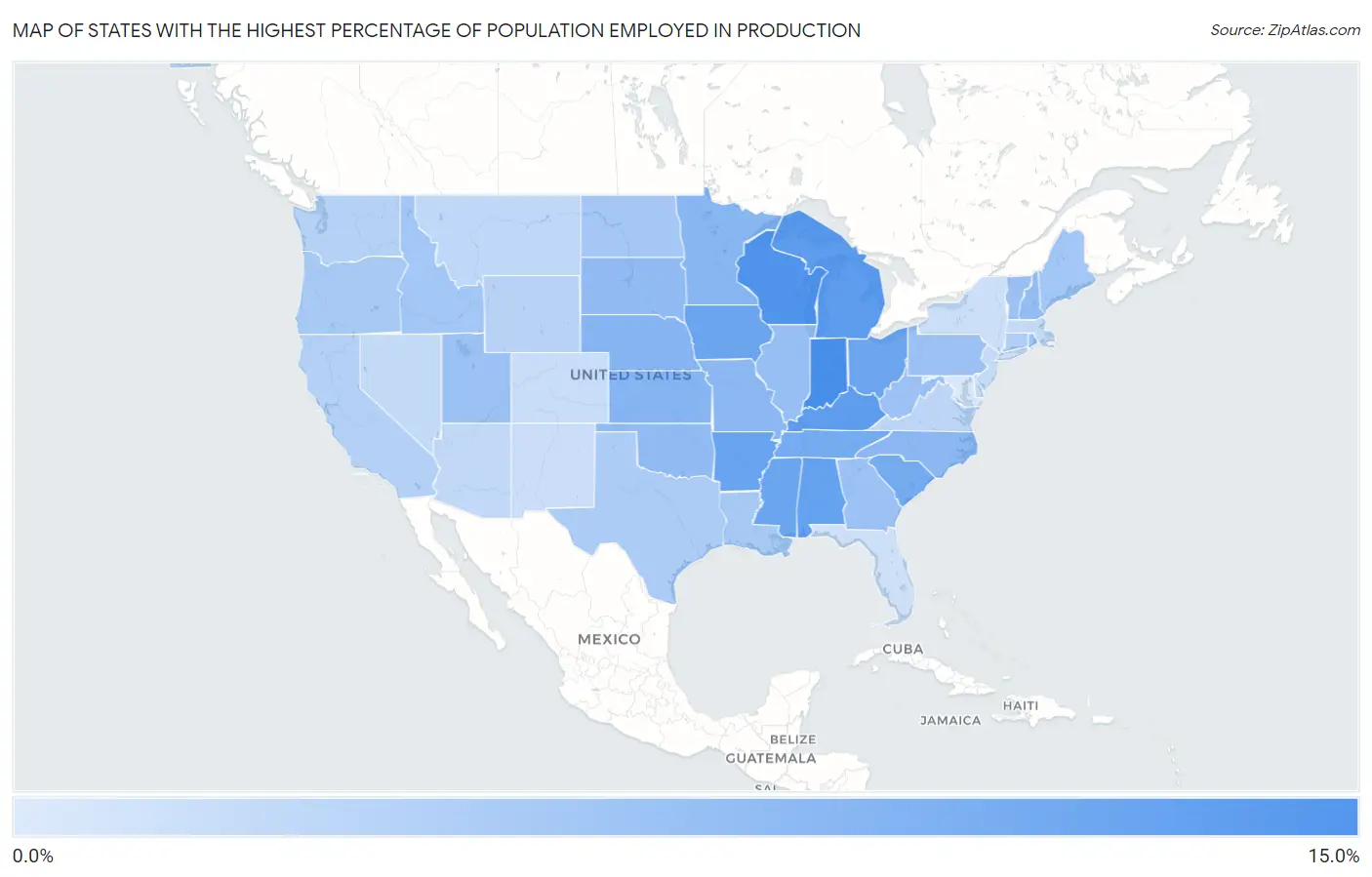 States with the Highest Percentage of Population Employed in Production in the United States Map