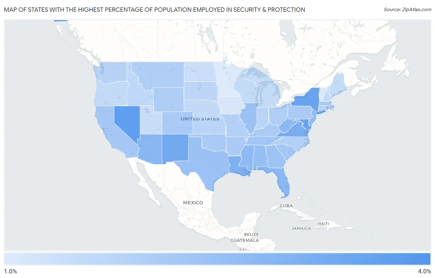 States with the Highest Percentage of Population Employed in Security & Protection in the United States Map