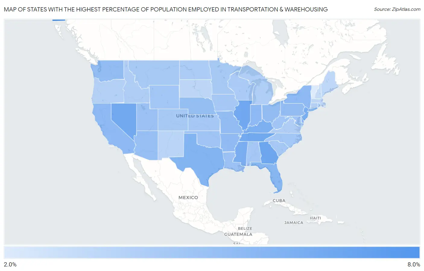 States with the Highest Percentage of Population Employed in Transportation & Warehousing in the United States Map