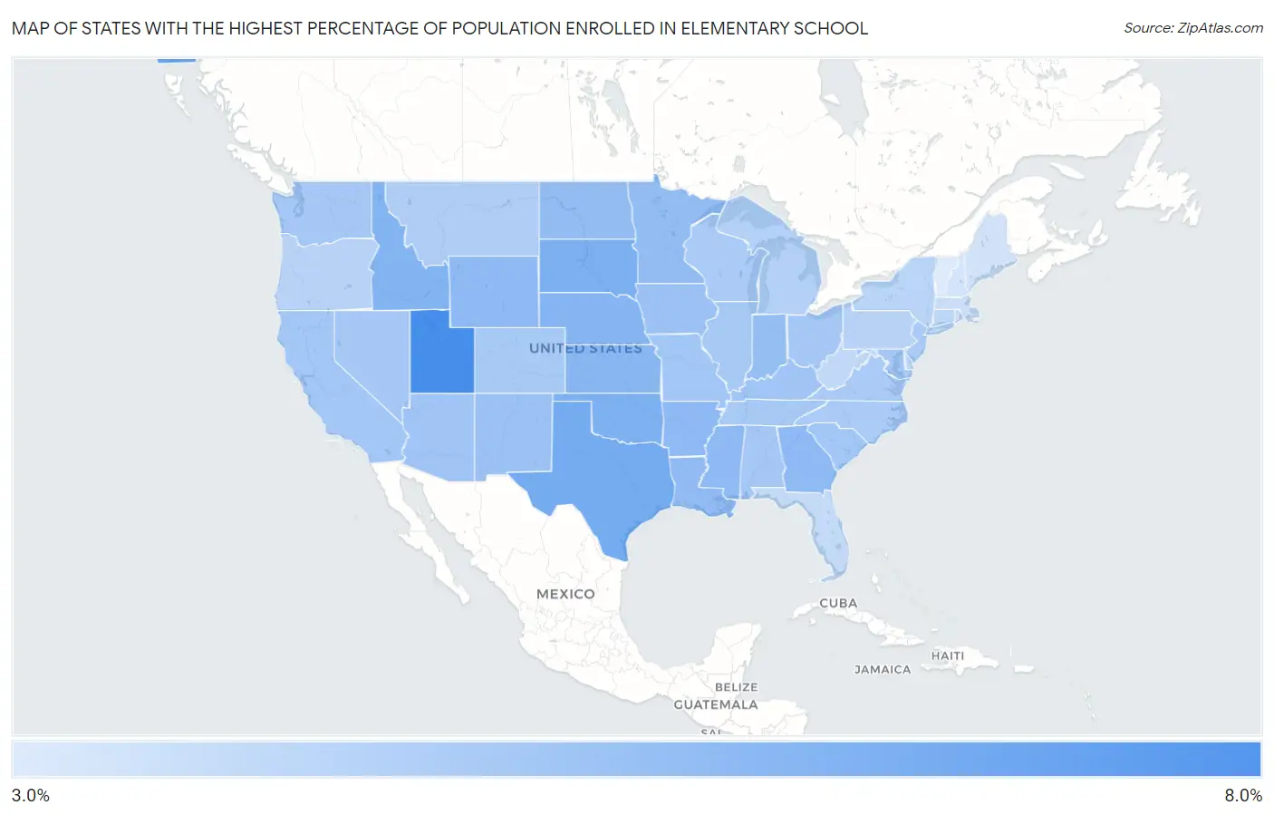 States with the Highest Percentage of Population Enrolled in Elementary School in the United States Map