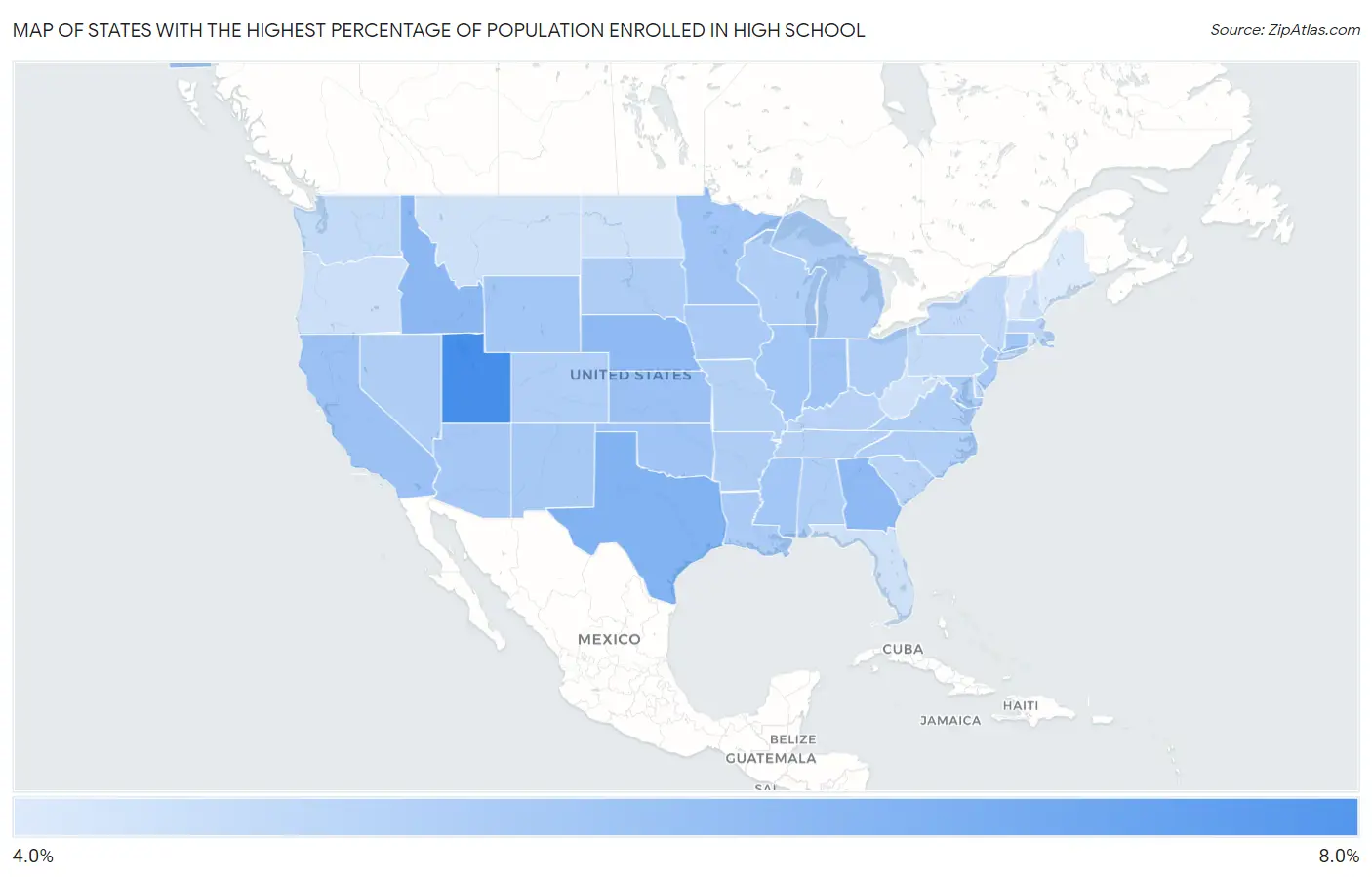 States with the Highest Percentage of Population Enrolled in High School in the United States Map