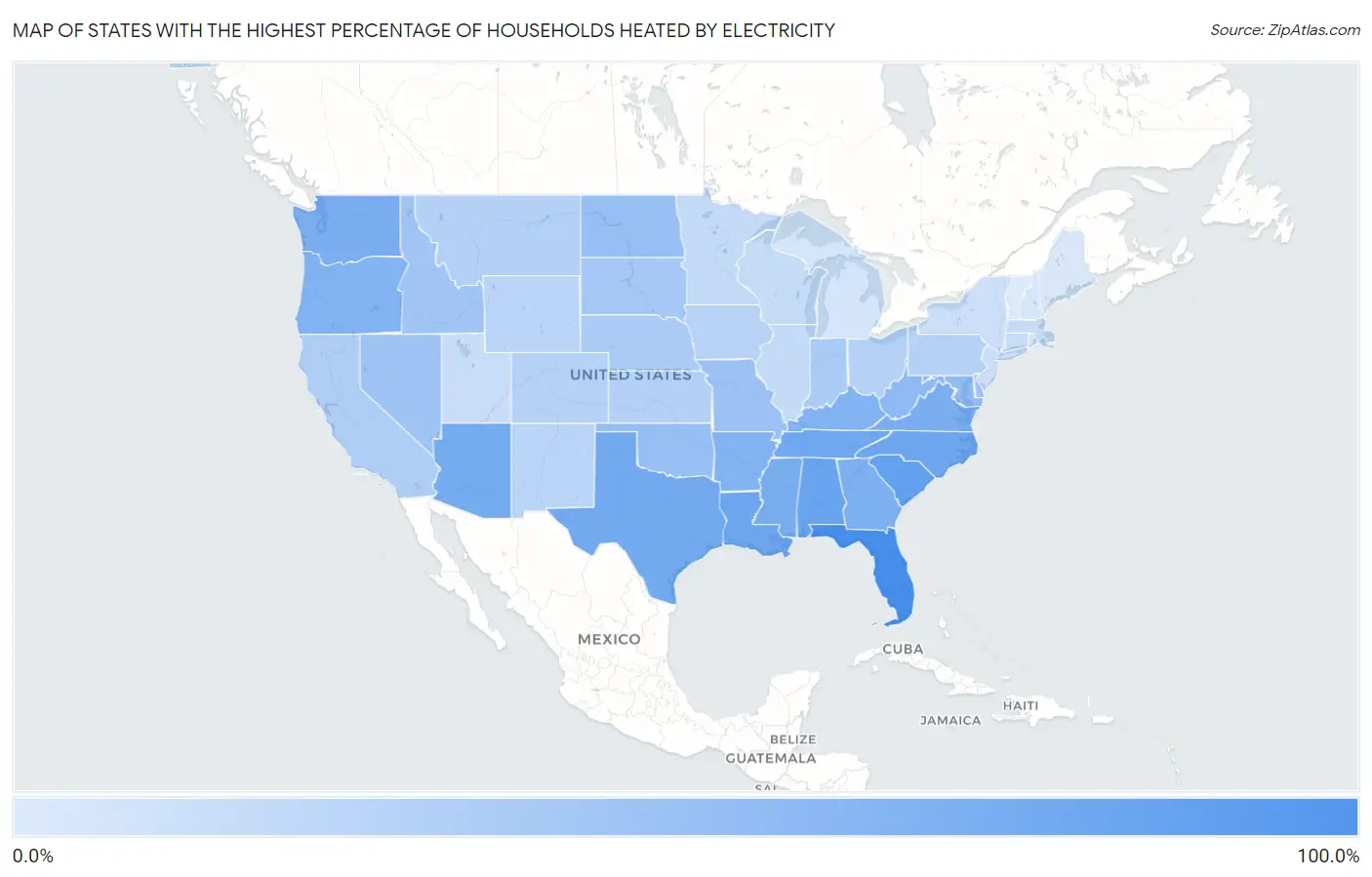 States with the Highest Percentage of Households Heated by Electricity in the United States Map