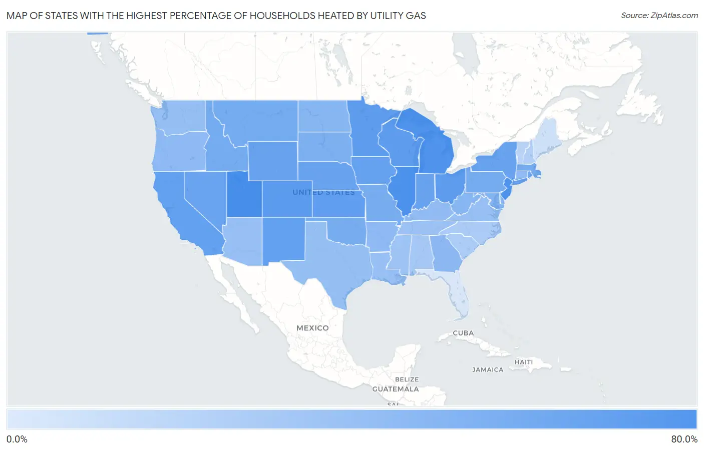 States with the Highest Percentage of Households Heated by Utility Gas in the United States Map