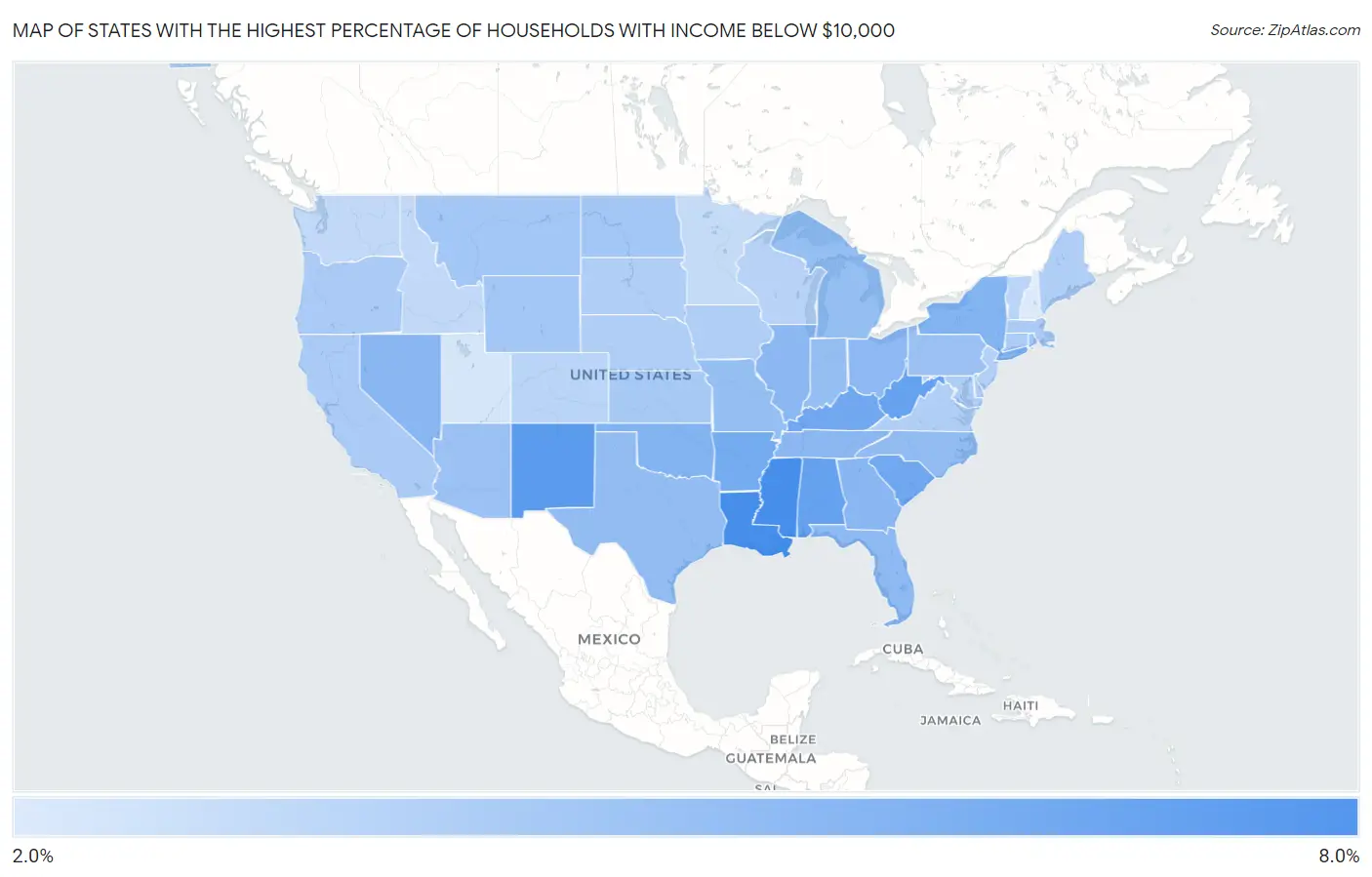 States with the Highest Percentage of Households with Income Below $10,000 in the United States Map