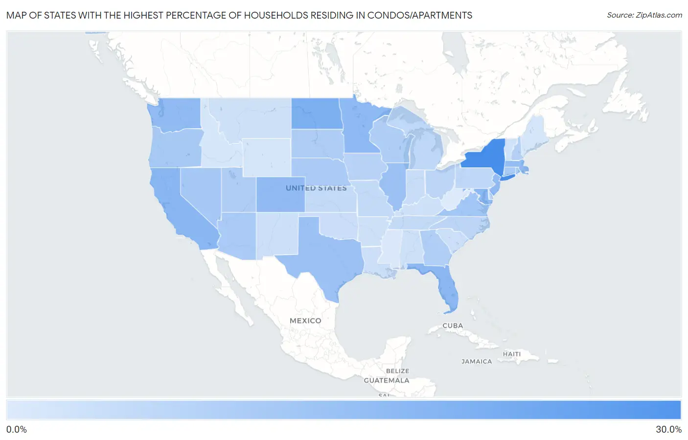 States with the Highest Percentage of Households Residing in Condos/Apartments in the United States Map