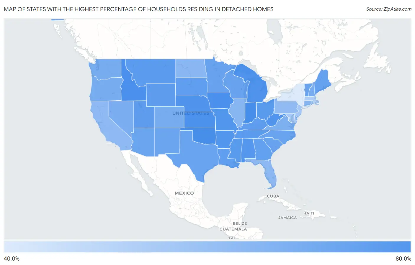 States with the Highest Percentage of Households Residing in Detached Homes in the United States Map