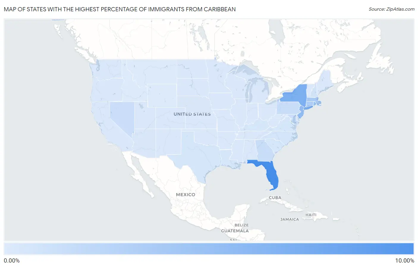 States with the Highest Percentage of Immigrants from Caribbean in the United States Map