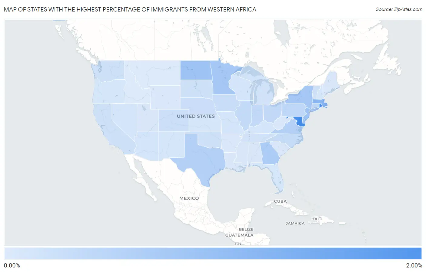 States with the Highest Percentage of Immigrants from Western Africa in the United States Map