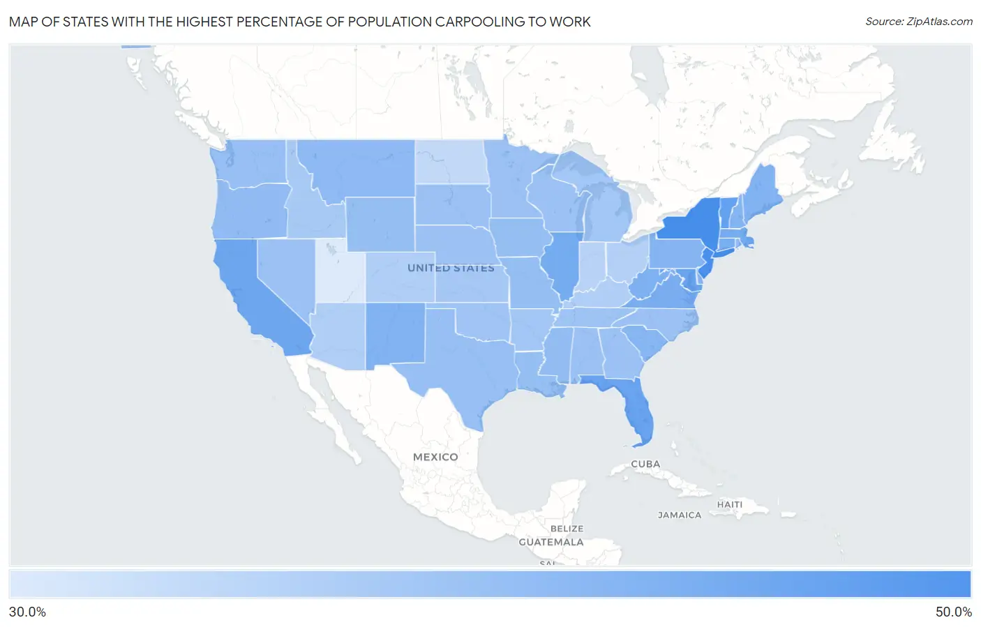 States with the Highest Percentage of Population Carpooling to Work in the United States Map