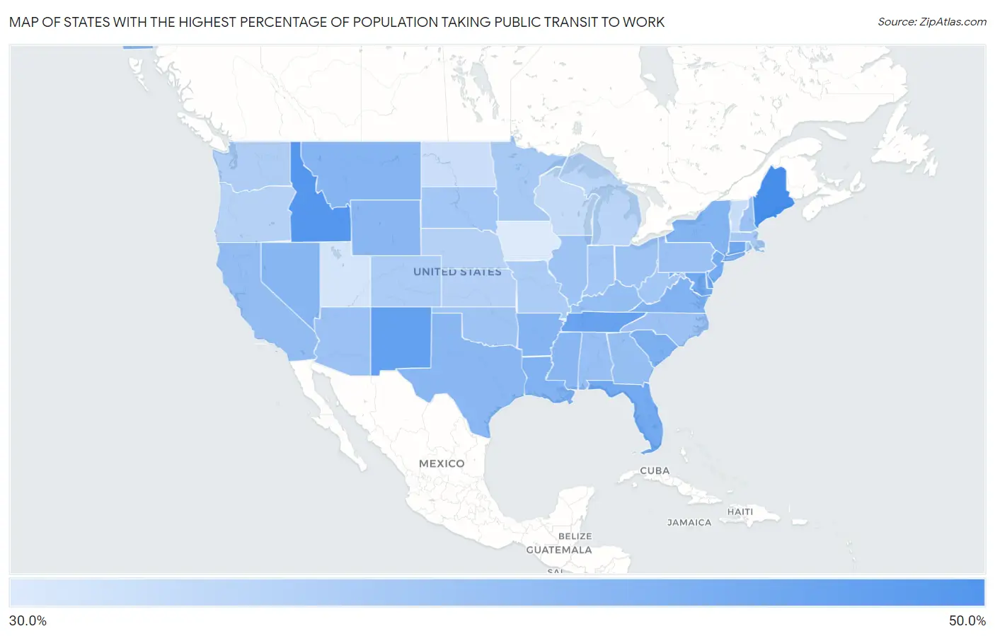 States with the Highest Percentage of Population Taking Public Transit to Work in the United States Map