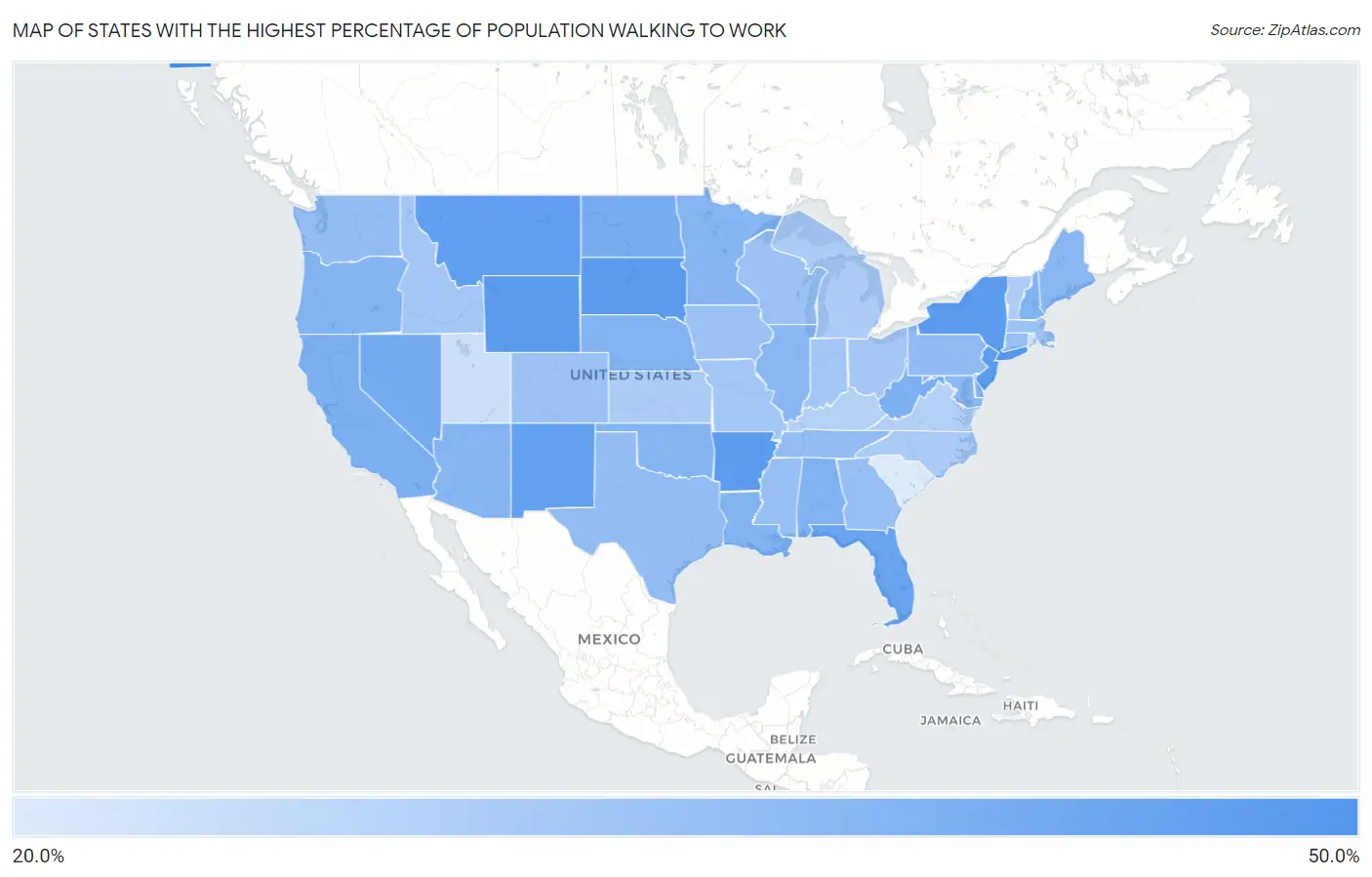 States with the Highest Percentage of Population Walking to Work in the United States Map