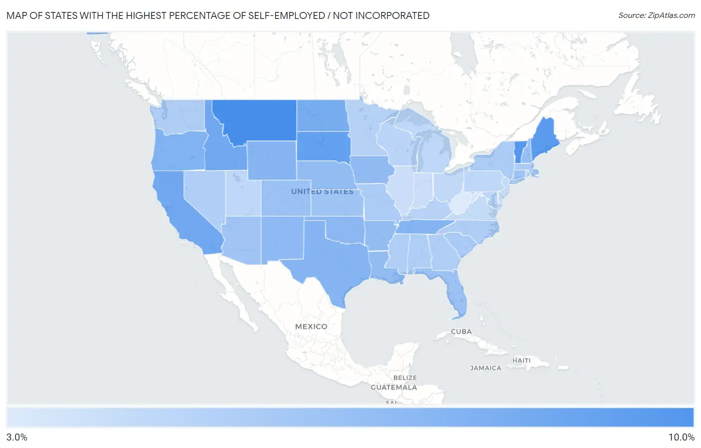 States with the Highest Percentage of Self-Employed / Not Incorporated in the United States Map