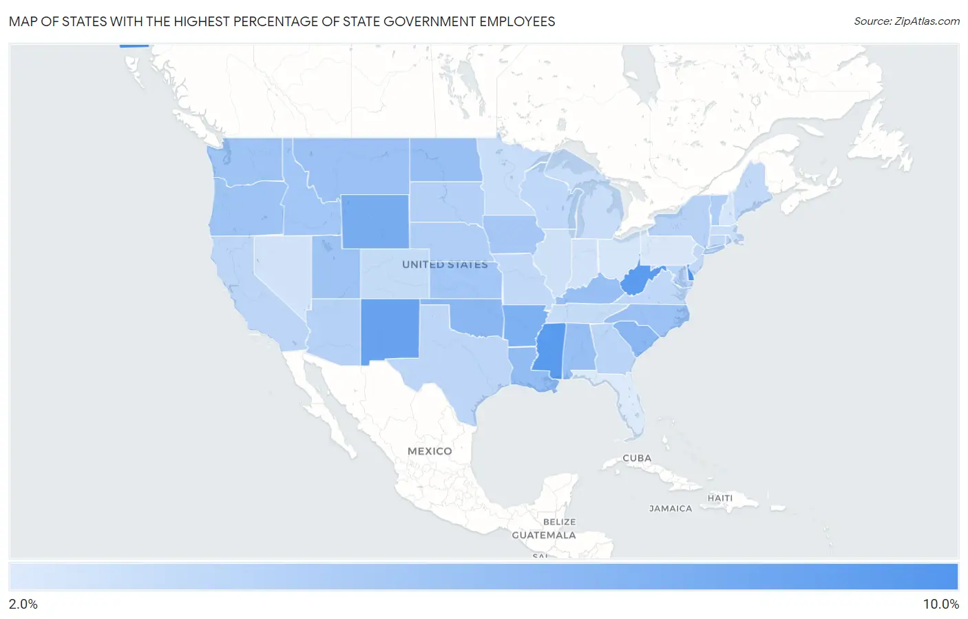 States with the Highest Percentage of State Government Employees in the United States Map