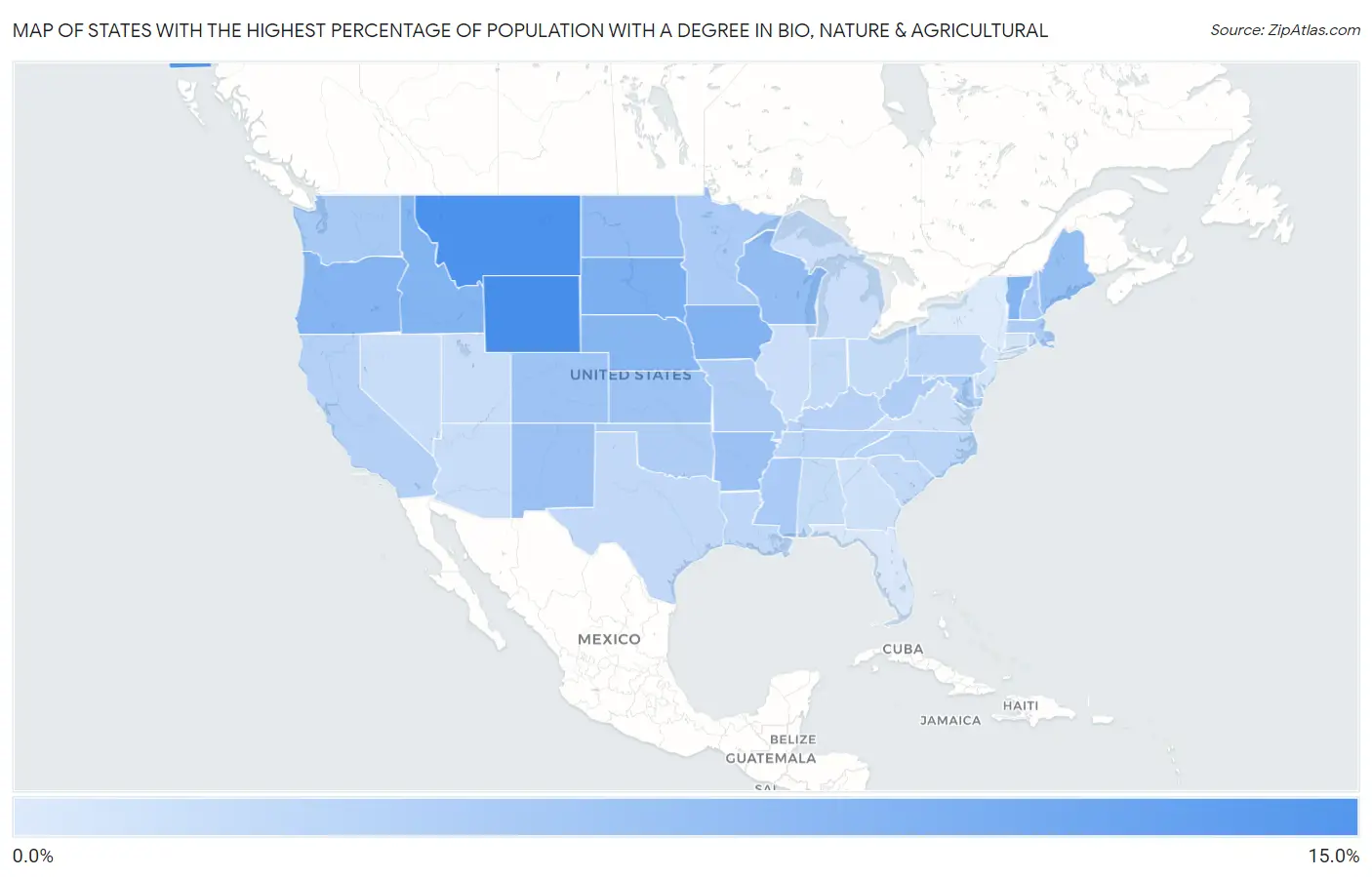 States with the Highest Percentage of Population with a Degree in Bio, Nature & Agricultural in the United States Map