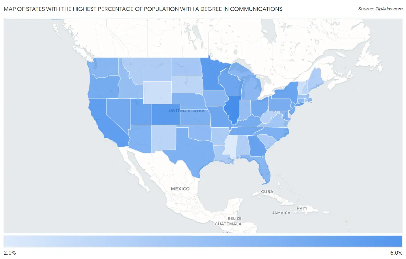 States with the Highest Percentage of Population with a Degree in Communications in the United States Map