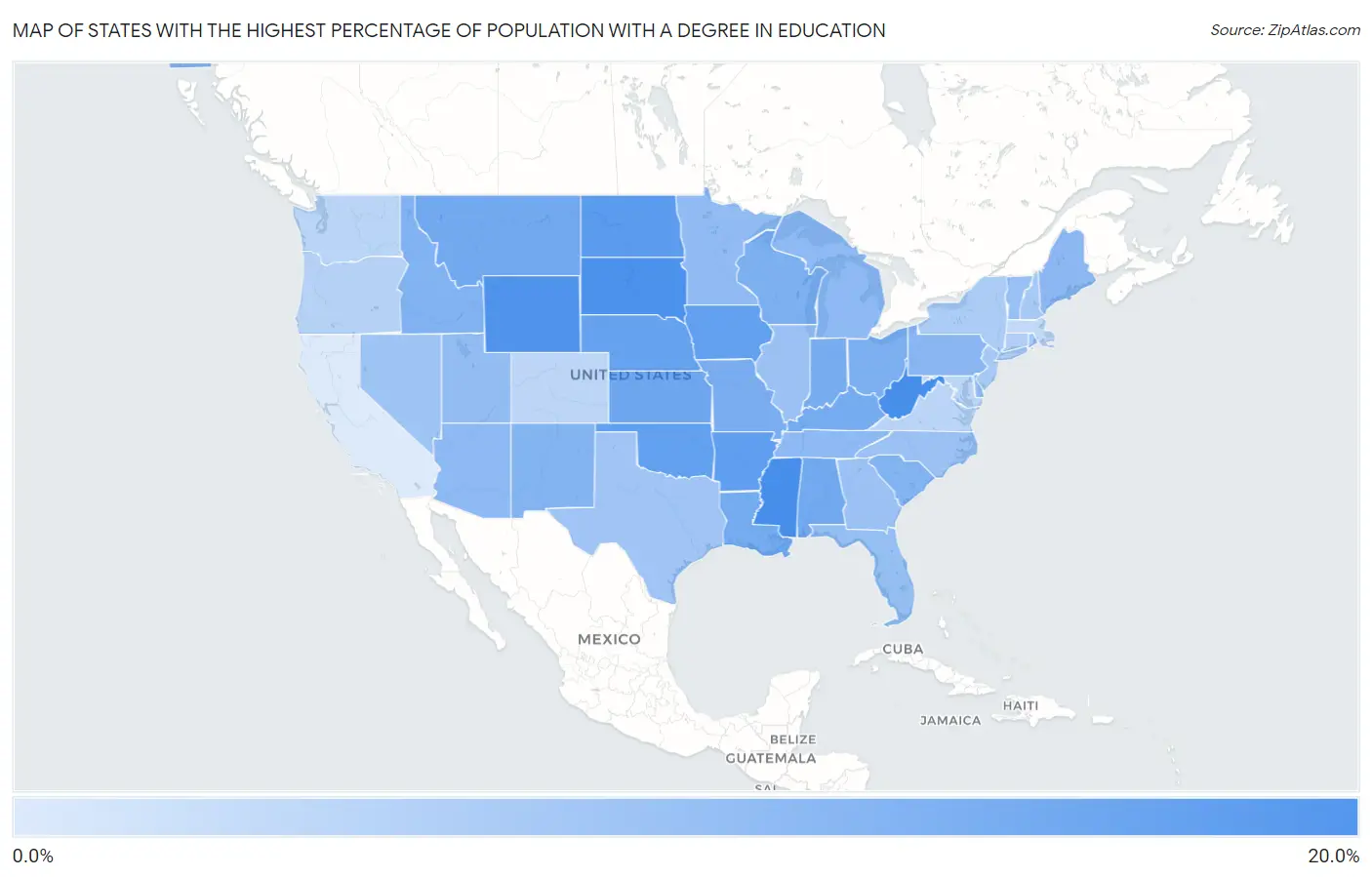 States with the Highest Percentage of Population with a Degree in Education in the United States Map