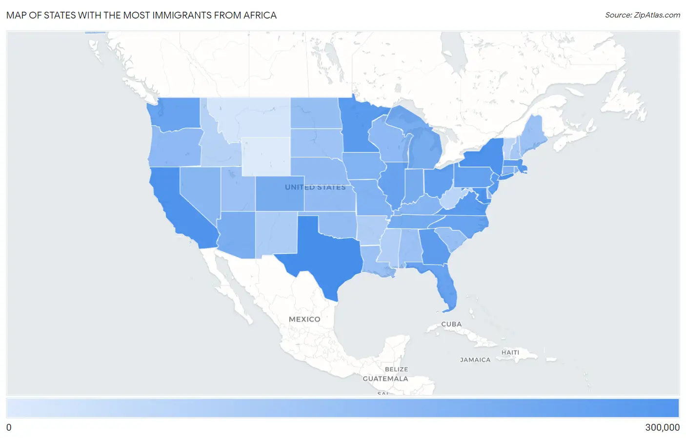 States with the Most Immigrants from Africa in the United States Map