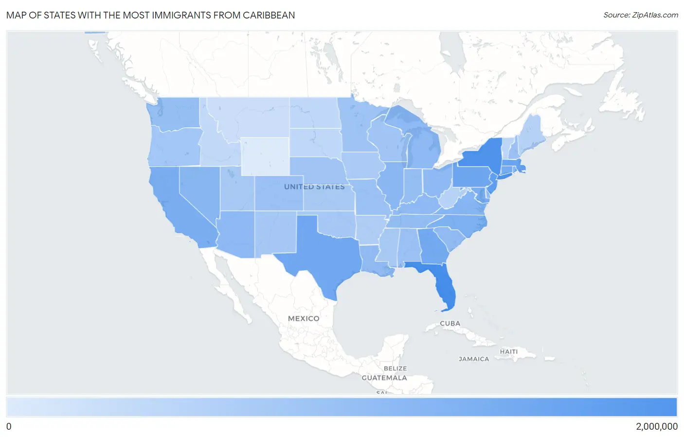 States with the Most Immigrants from Caribbean in the United States Map